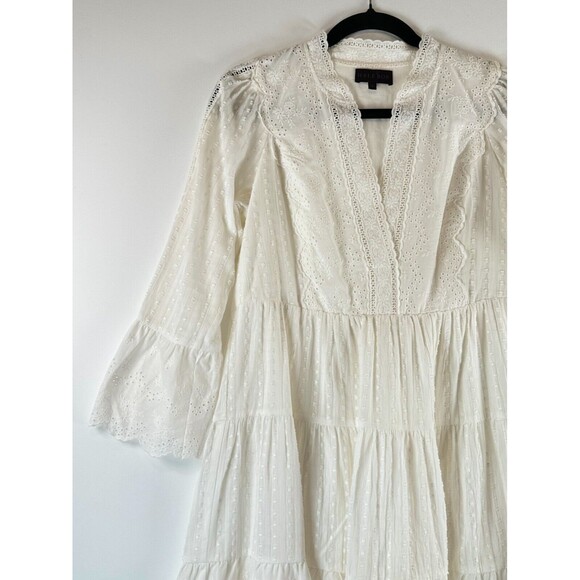 Hale Bob Womens Dress White Mila Mini Fit Flare Eyelet V Neck Tiered Boho Small - Picture 3 of 12